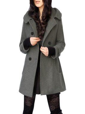 Women's Warm Double Breasted Wool Grey Pea Coat Trench Coat Jacket with Hood